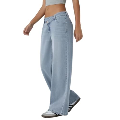 Asymmetrical Low-Rise Loose Jeans, Washed Casual Jeans, Women's Casey Y2k Baggy Fit Straight Wide Leg Long Denim Pants