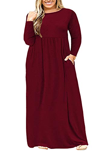 BISHUIGE Womens Long Sleeve Casual Plus Size Maxi Dresses with Pockets 3XL, Wine Red