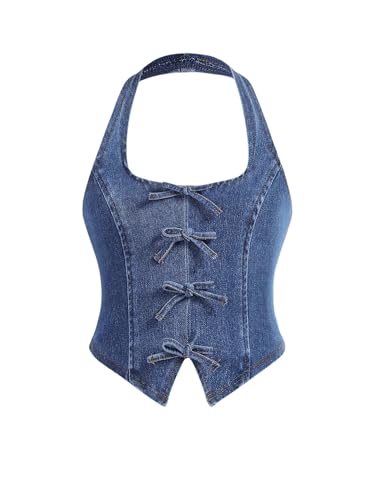 Verdusa Girl's Y2K Bow Denim Halter Top Backless Sleeveless Asymmetrical Crop Tops