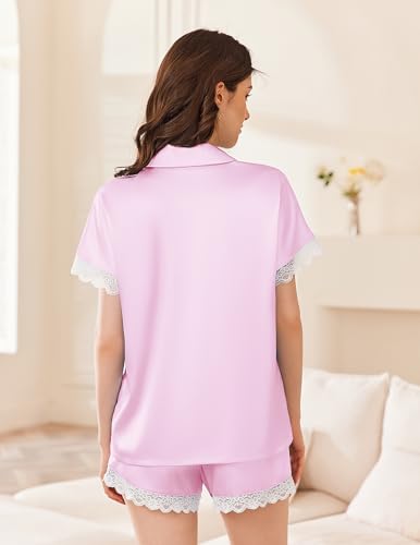 Image of Ekouaer Womens Lace Satin Pajama Set Button Down Pj Shorts Set Bridesmaids Getting Ready Outfits Casual Sleepwear XS-XXL