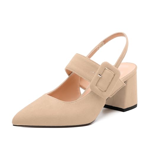 Women's Slingback Heels Mid Heel Pumps Pointed Closed Toe Chunky Heel Suede Wedding Party Shoes
