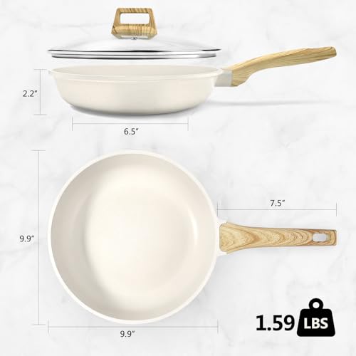 Image of GiPP Nonstick Frying Pan Skillet with Lid - 9.5 inch White Granite Non Stick Pans, Omelette Pan with Heat-Resistant Handle, Compatible with All Stovetops, PFOA Free