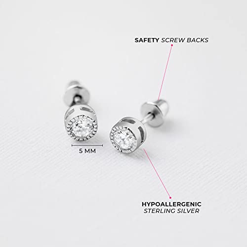 925 Sterling Silver Beautiful 5mm Round Bezel-Set Cubic Zirconia Stud Earrings with Locking Screw Backs - Excellent for Baby Girls and Toddlers for All Occasions4