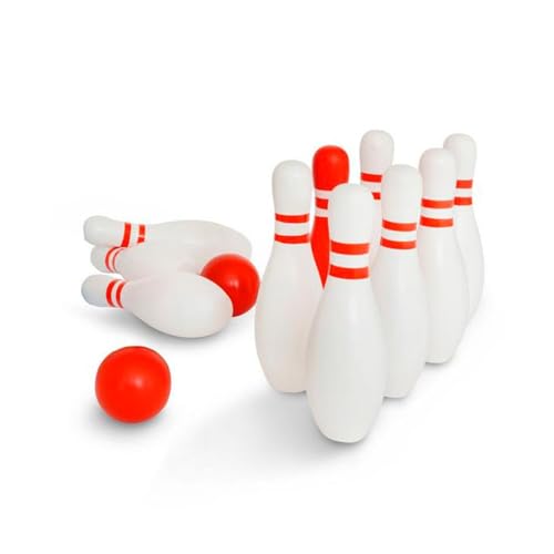 BS Toys Holz-Bowling - Kegelspiel für Kinder & Erwachsene - Für Indoor & Outdoor - Ab 4 Jahren - Gesellschaftsspiele - ideal für Kindergeburtstag - Hochwertiges Holz - Rot/Weißes Set