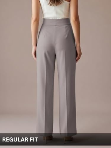 Image of GRECIILOOKS Korean Style Trousers | High Waist Wide Leg Formal Pants | Ankle Length Stretchable Office Wear | Button Closure Straight Fit | Regular Fit Pants for Women