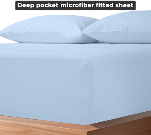 Image of Royale Linens Fitted Sheet King - Ultra Soft 1800 Brushed Microfiber - Hotel Luxury Bottom Sheets - Wrinkle Free & Fade Resistant - Deep Pocket Fitted Sheet Only (King, Lake Blue)
