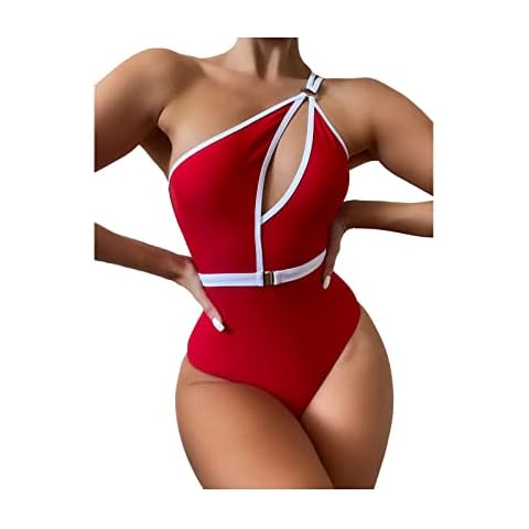 Jokejojack Women's One Shoulder One Piece Swimsuit High Cut Bathing Suit with Belt Swimwear Bikini, Red, Small Cover