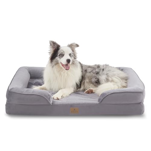 Image of Bedfolks Orthopedic Dog Bed, Big Waterproof Dog Sofa Bed for Large Dogs, Egg Foam Pet Couch Bed with Removable Washable Cover and Nonslip Bottom, Light Grey
