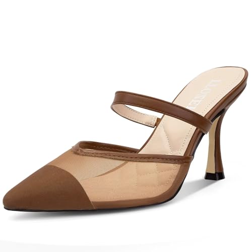 Kitten Heels for Women Mesh Mule Heels Pointed Closed Toe Low Heels for Women Slingback Heeled Dress Pumps Shoes