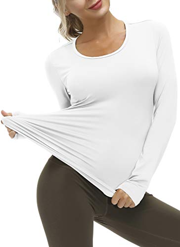 Yige Women's Long Sleeves Running Athletic Shirt Moisture Wicking Tops Crewneck Tee White-L