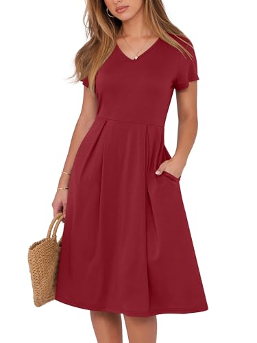 Image of ANRABESS Women Summer Dress Casual Short Sleeve V Neck A-Line Knee Length Pleated Flowy 2026 Fashion Midi Dresses with Pocket
