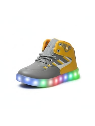Image of HOOH Kids LED Light Up High Top Sneakers, Grey and Yellow, Breathable Upper with Soft Insole, Lace-Up Shoes