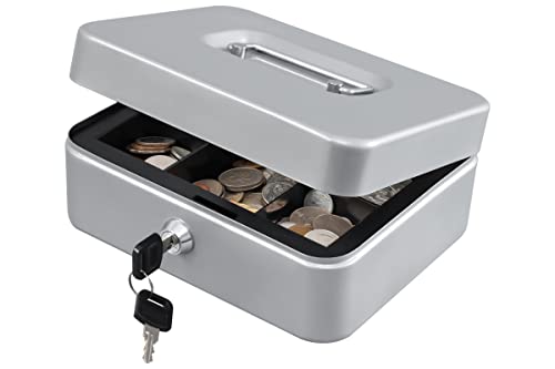 Image of KYODOLED Medium Cash Box with Money Tray,Small Safe Lock Box with Key,Cash Drawer,7.87 inchx 6.30 inchx 3.54 inch Lightgrey Medium