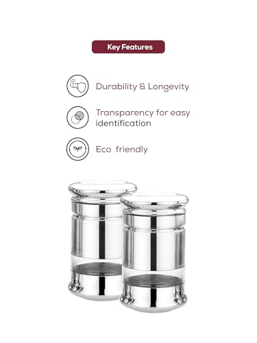 Image of Multipurpose Stainless Steel see through Transparent Kitchen Storage Jars | Set of 2Pcs | Steel Matte | 1000 ML