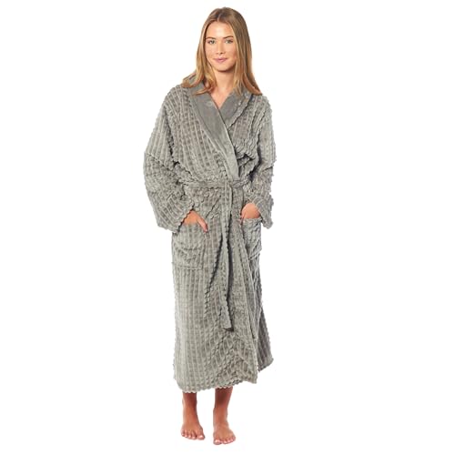 Daisy Dreamer Womens Robes Luxury Fleece Soft Checked Design Warm Belted Dressing Gown Long Bathrobe Shawl Collar Pockets Loungewear Robe for Ladies, Grey X Large