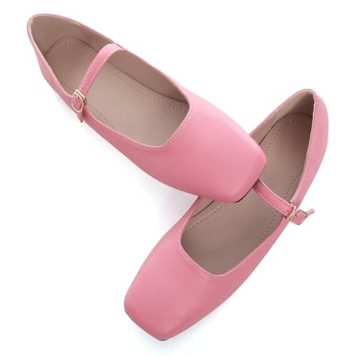 Stunner Women's Mary Jane Flats Fashion Square Toe Soft Ballet Flats Comfort Leather Office Driving Flat Shoes Pink 42(9.5)3