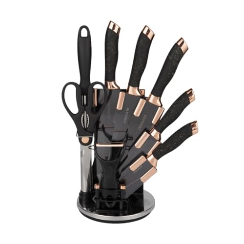 AOUCNキッチン用品 大理石柄 9 点セット、包丁セット、ステンレス鋼材、使いやすい、キッチンに適しています (黒と銀,9点セット)