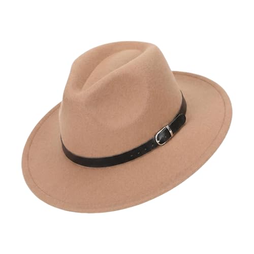 QUUPY Sombrero Fedora clásico con ala Ancha y Hebilla, Sombrero de Paja panameño de Fieltro para Mujer y Hombre, Rojo, Caqui, 6 7/8-7 1/8