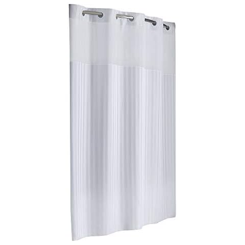 Hookless It's a Snap Satin Stripe Shower Curtain, 3-in-1 Shower Curtain Includes Fabric Shower Curtain with Sheer Top Window, Flex-On Rings & PEVA Liner, 71" x 74", Bright White Cover