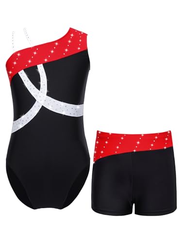 Gymnastics Leotards for Girls Oblique Shoulder Shiny Rhinestone Dancewear with Matching Shorts 2pcs Outfits Activewear