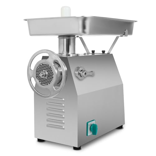 VERTES Tritacarne Elettrico, acciaio inox, 1500W, 350 kg/h, taglia 32, professionale per la ristorazione, 2 vassoi di alimentazione, 4 dischi forati, 2 coltelli, tamper, marcia avanti, retromarcia