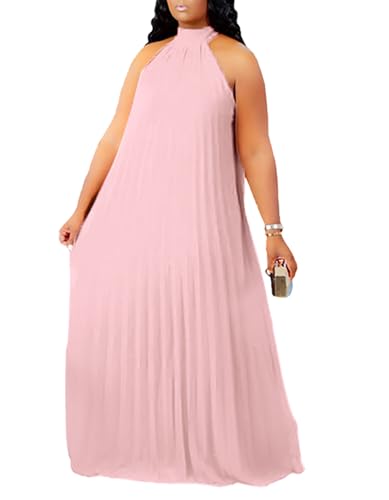 Image of Aro Lora Womens Casual Sleeveless Plus Size Chiffon Halter Neck Pleated Loose Long Maxi Dress
