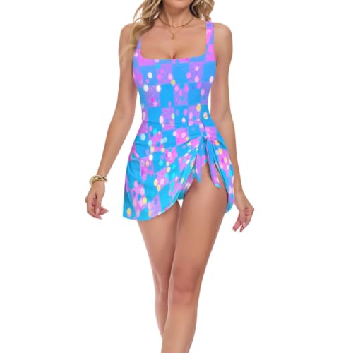Maillot de bain femme couverture intégrale bleu et rose carreaux pailletés piscine mer