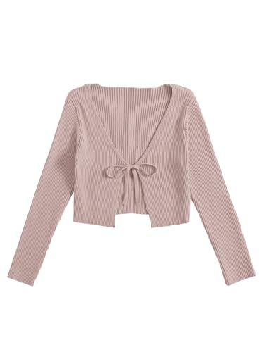 Floerns Women's Tie Front Long Sleeve Rib Knit Shrug Sweaters Cardigan Crop Top Dusty Pink M
