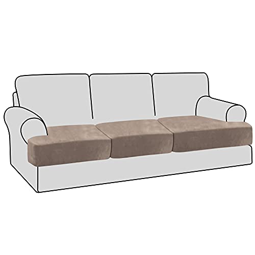 H.VERSAILTEX Stretch Velvet 3 Piece T Cushion Sofa Slipcovers Individually Sofa Cushion Covers for 3 Cushion Couch Seat Cushion Covers for Sofa Seat Cushion Covers Stay with Elastic Bands, Taupe