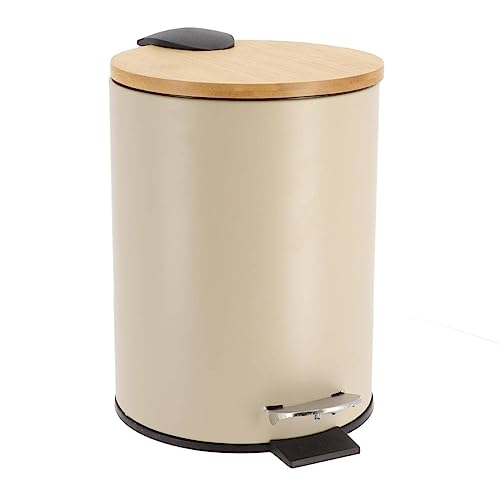 Tendance - Poubelle Métal Frein de Chute 3l - Taupe/Bambou - Salle de Bain - Poubelles et Brosses WC
