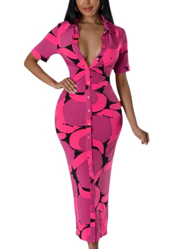 Image of ZERMOM Women's Button Down Shirt Dress Short Sleeve Print Collar V Neck Summer Bodycon Midi Dresses