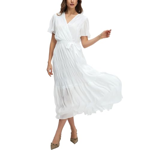 Image of Women's Summer Bohemian Floral Chiffon Dress Cap Sleeve V Neck Ruffle Long Flowy Boho Casual Vacation Dresses