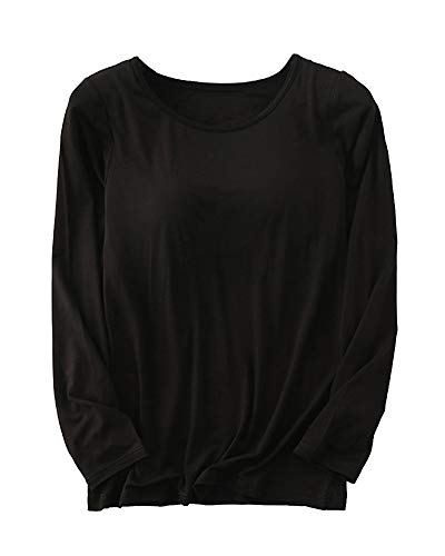 Women's Regular Fit Crewneck Long Sleeve Cotton Nightgown Sleepwear Top Pullover Tee Shirts Black Fits US 6-8