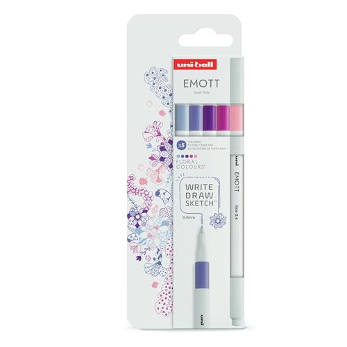 uni-ball - Mitsubishi Pencil - Pochette de 5 Feutres Emott - Pointe Fine Blanche 0,4 mm - Floral Colours