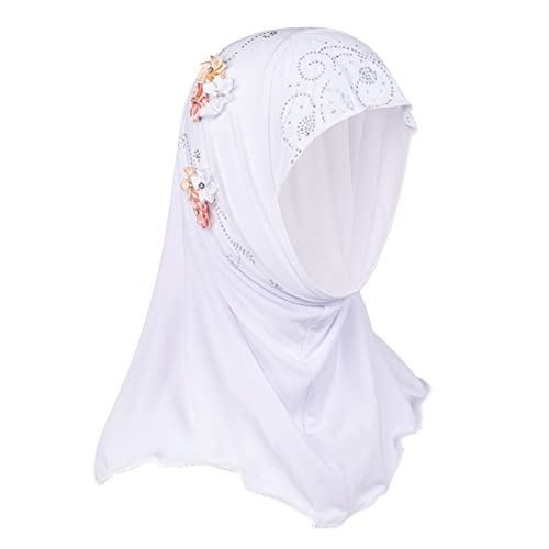 Girl Muslim Turban One Piece Floral Hijab Modest Fashion Al Amira Islamic Long Shawl Head Wrap Arab Kid Sequin Headwear Scarf White, 4-8 Years #TOP6