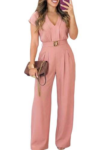 Pink Queen Wedding Guest Jumpsuit for Women Cap Sleeve Wide Leg Long Pants Cocktail Semi-Formal Rompers Pink L