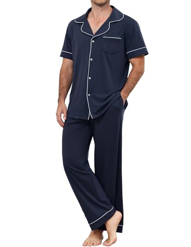 TeJoyce Pijama Hombre Largo Algodon, Ropa de Dormir Dos Piezas, Conjunto Manga Corta Camiseta Abierto Delante con Botones y Pantalones con Bolsillos, Suave y Cómodo Pijamas (Azul Marino, L)