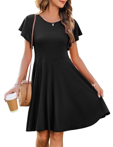 Zeagoo Damen Kleid Knielanges Freizeit Sommerkleider Einfarbig Strandkleid Rundhals Tunika Kleid Lose A-Linie Kleider mit Tasche Schwarz M