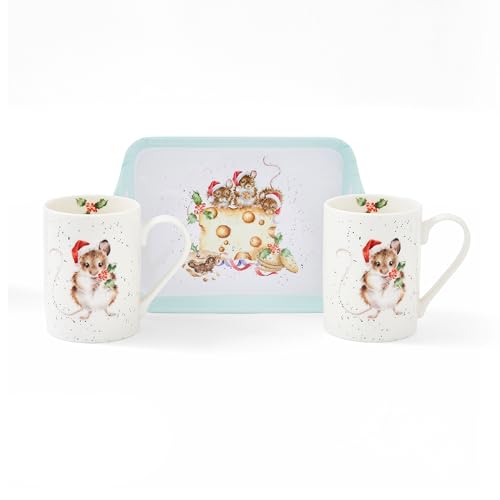 Royal Worcester x Wrendale Designs Holly Jolly Mugs and Tray Set - Porcelain & Melamine, Perfect for Tea or Coffee, Featuring Christmas Mice Illustrations by Artist Hannah Dale