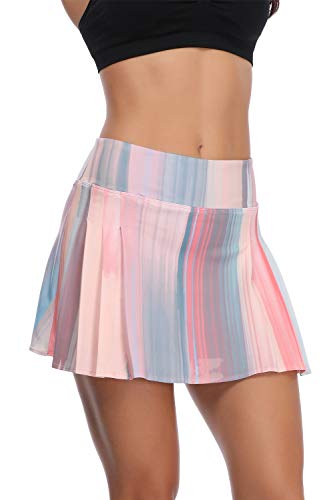 MeJa Women's Pleated Tennis Skirt, Elastic Quick-Drying Active Performance Skort with Shorts Pocket Running Golf Casual Skirt (Stripedpink, M)