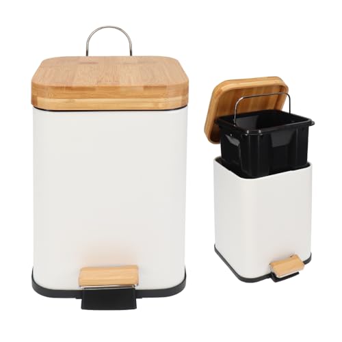 Eco Basics Rubbish Square Bin 3L, White - Compact Bin with Recycled Plastic, Bamboo Lid & Pedal, Soft Close Quiet Operation, Space-Saving Design for Toilets, Living Rooms, & Small Spaces, 24x22x16cm
