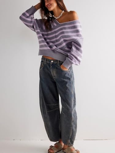 Image of Womens Oversized Off Shoulder Sweaters Striped Loose V Neck Cropped Long Sleeve Color Block Knitted Pullover