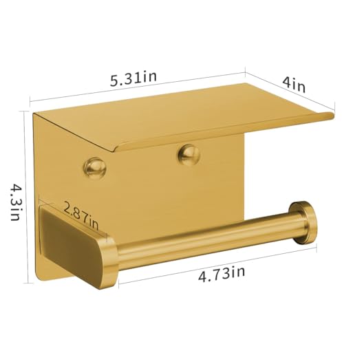 VAEHOLD Self Adhesive Toilet Paper Holder with Phone Shelf Stainless Steel Wall Mounted Toilet Paper Roll Holder - Rustproof and Bathroom Washroom Tissue Roll Holder with Storage Shelf - Gold - Thumbnail 6