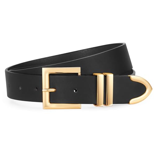 SUOSDEY Women's Leather Belt with Gold Buckle, Fashion Waist belt for Jeans Pants or Dresses, 1.3