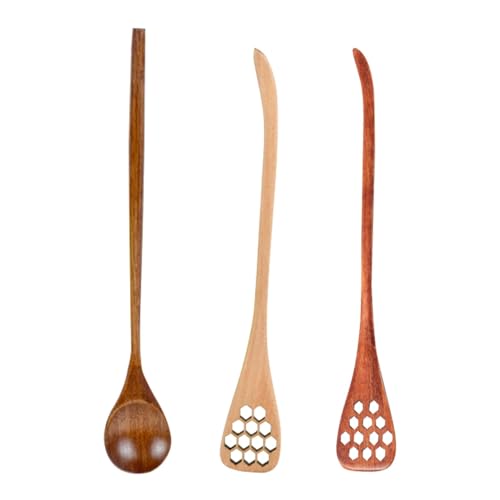 Cucharas agitadoras – 3 cucharas agitadoras con diseño de panal | Cucharas agitadoras de miel de madera | Cuchara mezcladora de miel con mango largo | Cucharas agitadoras multifuncionales para miel,