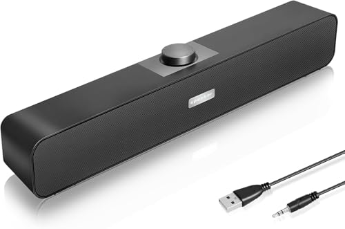 FAYAZ Computer Speakers for Desktop 6W Stereo USB Computer Soundbar with 2 Diaphragms 3.5mm Aux Input Knob Volume Control Wired/Wireless Bluetooth 5.0 Soundbar for Desktop Smartphones Laptop Black