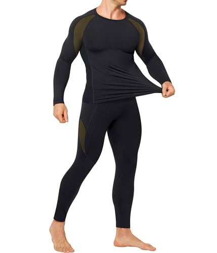 TAILONG Thermal Underwear for Men Long Johns With Fleece Lined Base Layer Hunting Gear Bottom Top Set for Cold Weather Black