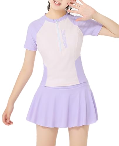 JadeRich Teen Girls 2 Piece Short Sleeve Skirted Bathing Suit Zipper Front Rash Guard Sporty Swim Dress