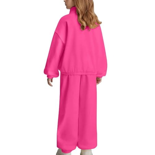 Girls Half Zipper Sweatshirts Set Plain Fleece 2 Piece Baggy Sweatpants Pullover Tops Sweatsuits (Hot Pink, 12-13 Years)2