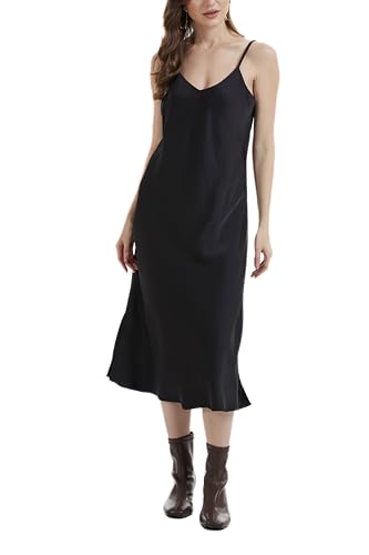J.Corrine Womens Satin Dress V Neck Midi Summer Spaghetti Strap Side Slits Slip Cocktail Formal Wedding Guest Dresses Black L